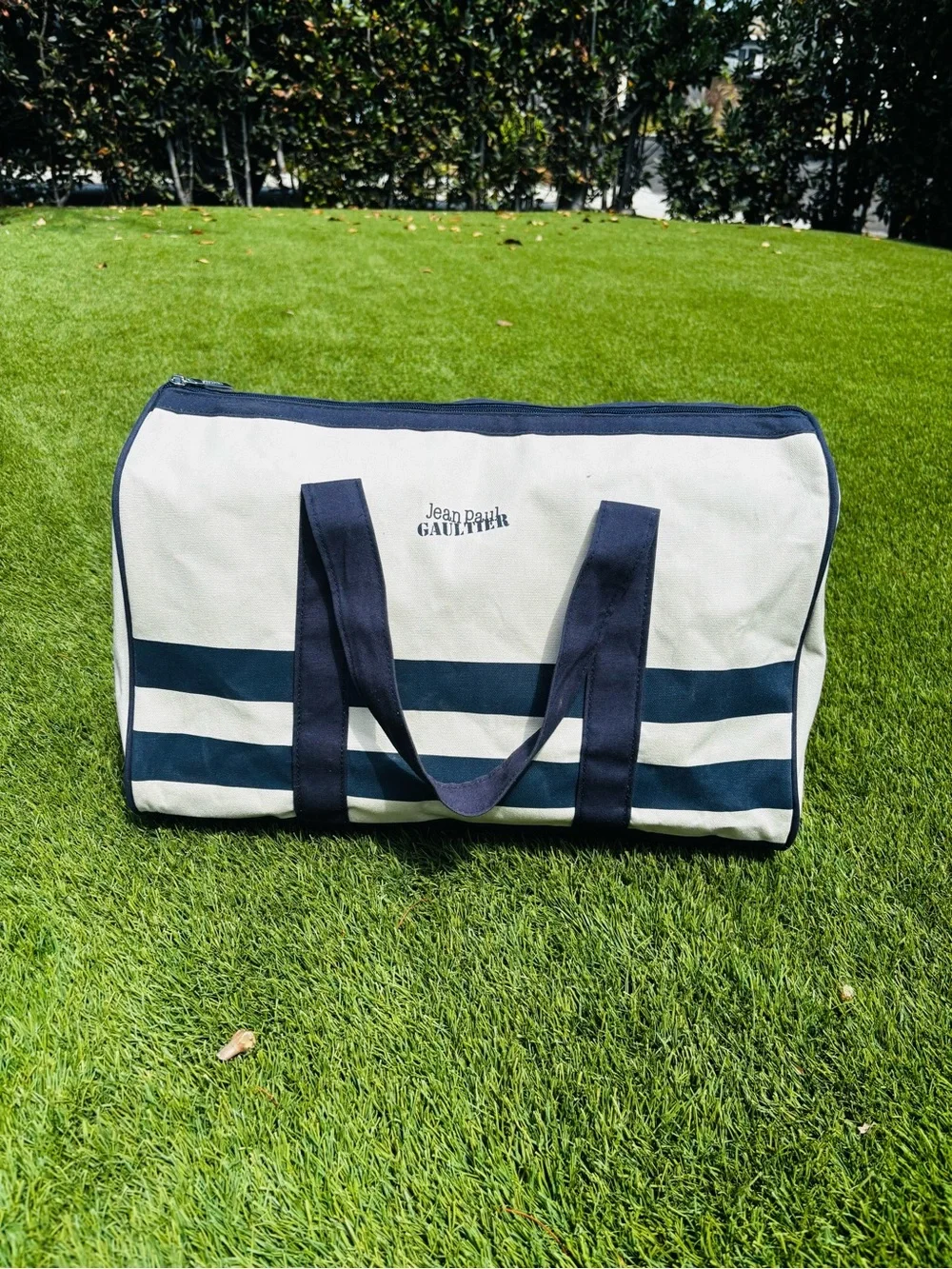 Jean Paul Gaultier White and Navy Striped Canvas Duffel
